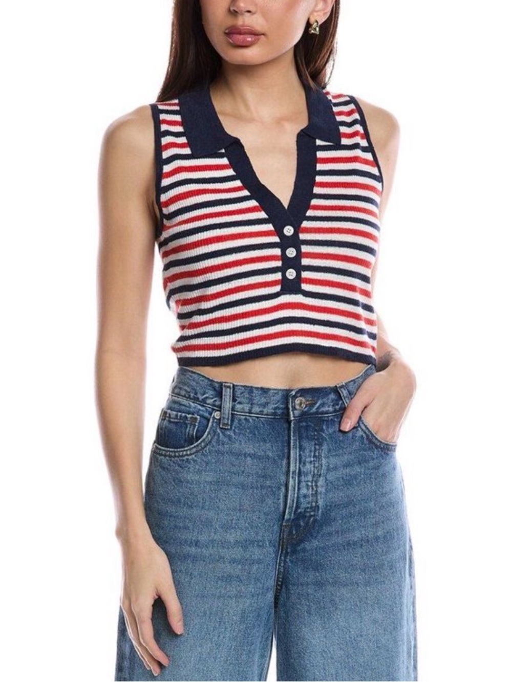 Onia Rib Linen Blend Polo Tank M Red White Navy Striped Sleeveless NWT $150